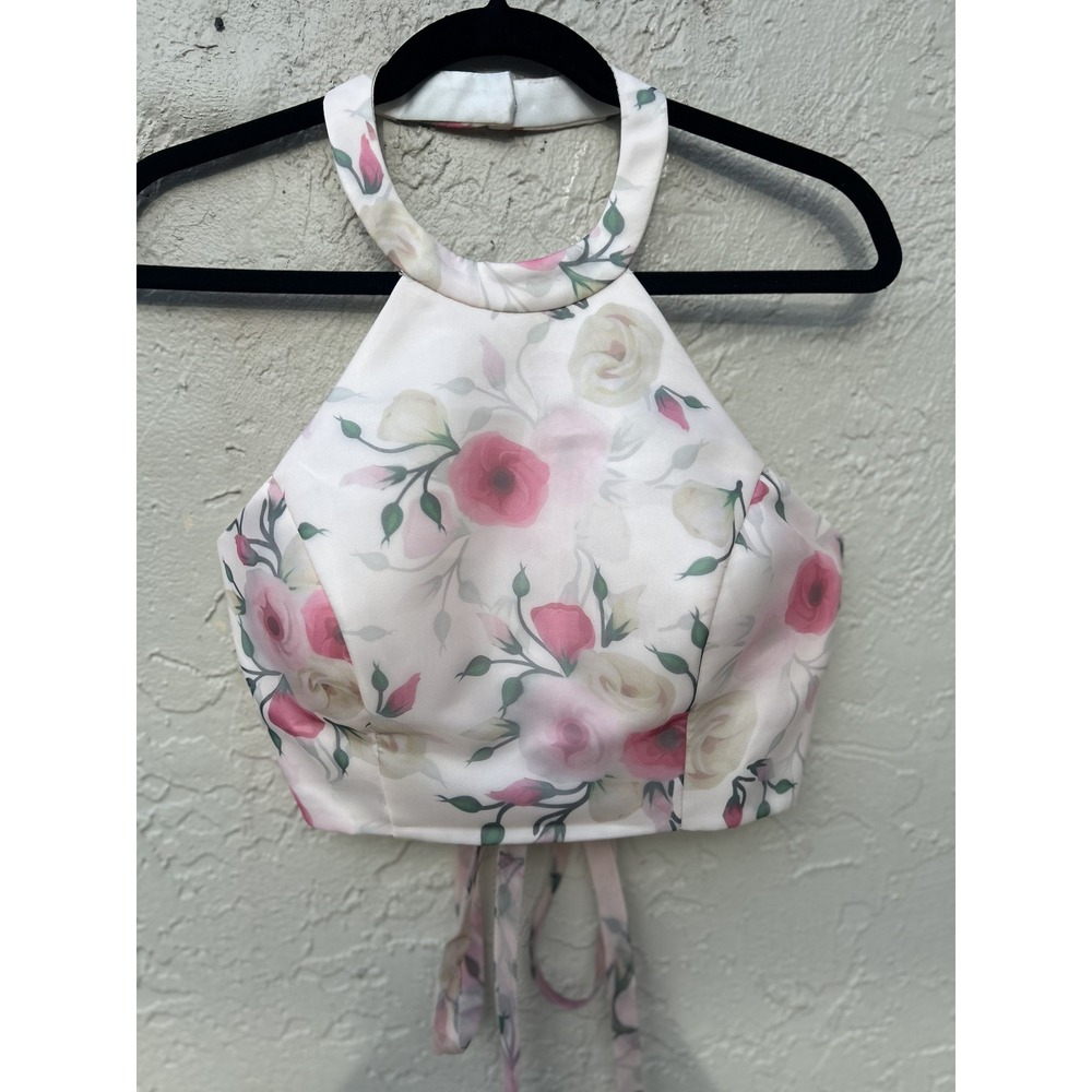Camille La Vie Floral Halter Crop Top Pink Rose Corset Back Satin Formal Size 6